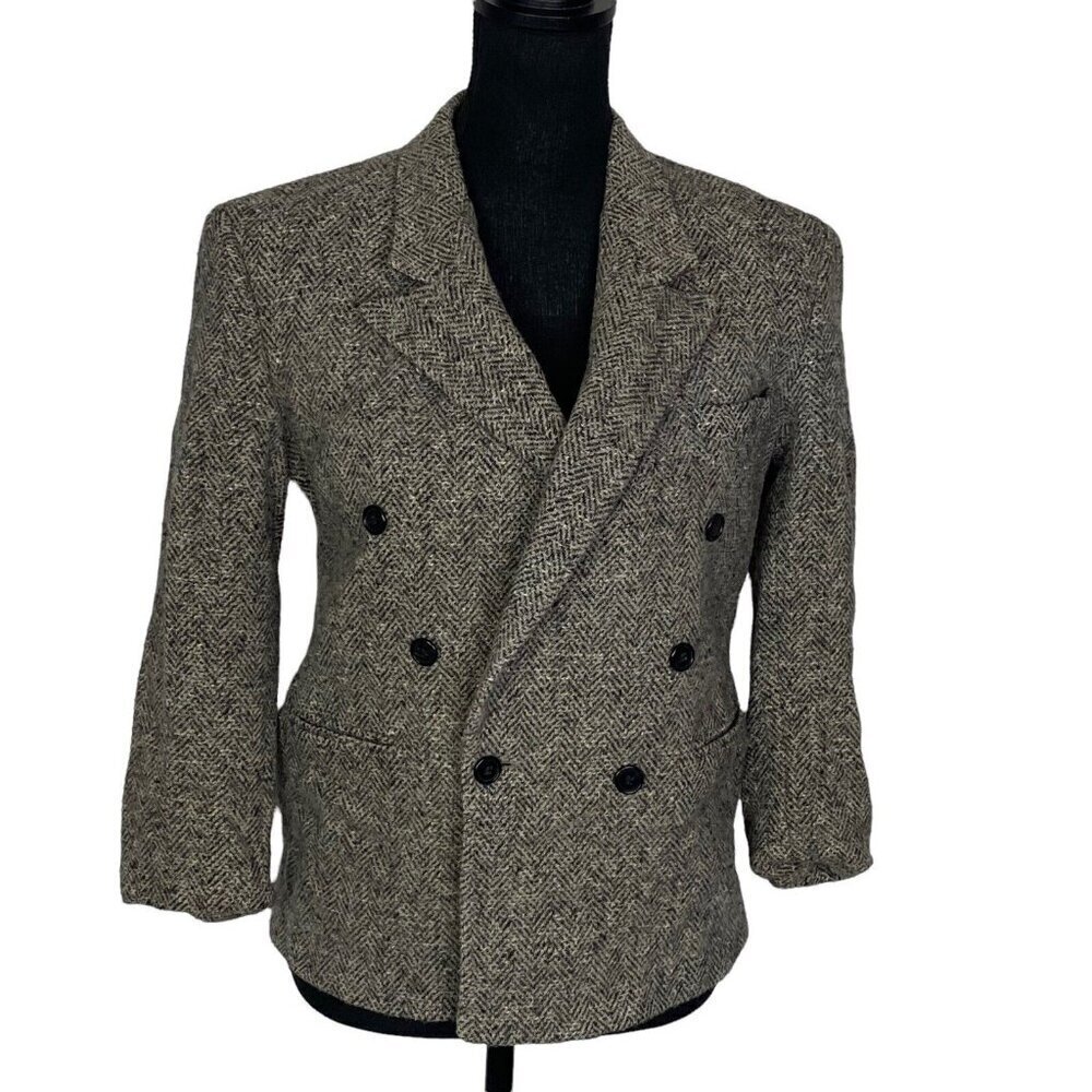 FIRENZA Women Huskey Wool Blazer Size S Gray 3/4 Sleeve Herringbone Pattern‎